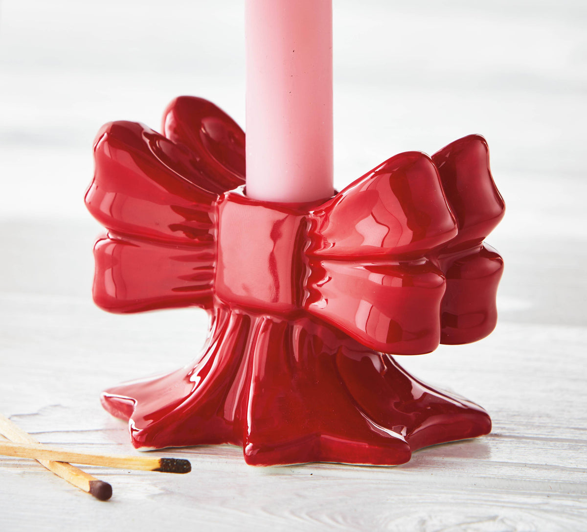 Very Merry Bow Taper Holder Red Earthenware Christmas