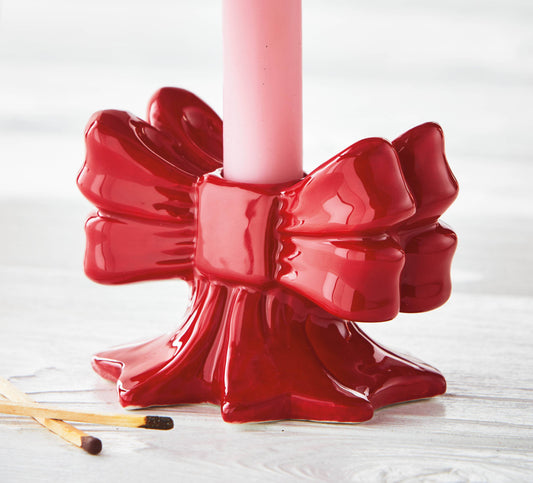 Very Merry Bow Taper Holder Red Earthenware Christmas