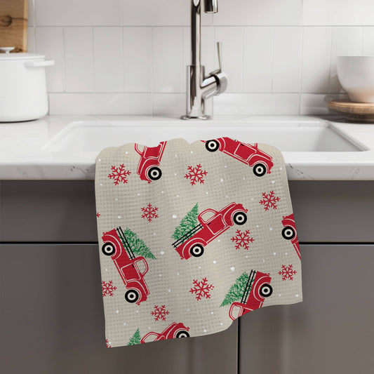 Christmas Red Truck Kitchen Tea Towel Waffle Holiday Farm