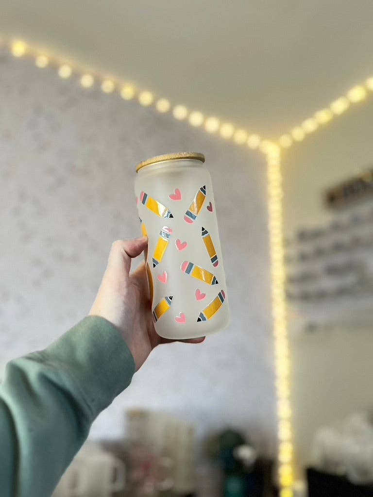 Teacher Pencil | UVDTF | 20 oz Libbey Can Glass with Bamboo Lid & Straw