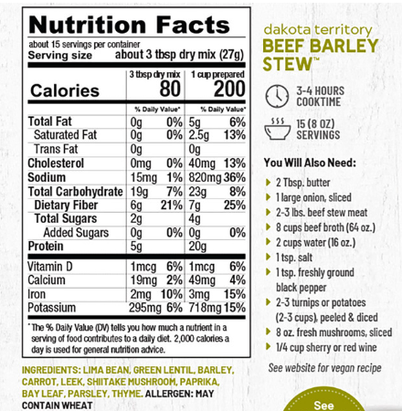 Dakota Territory Beef Barley Stew Mix*