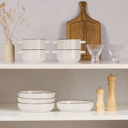 Kook Ceramic Pasta Bowls, 40 oz, Set of 4, Cream/Copper
