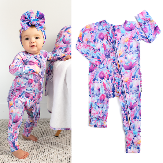 Ayla Floral Ruffle Zip Bamboo Baby Outfit Sleepies Little