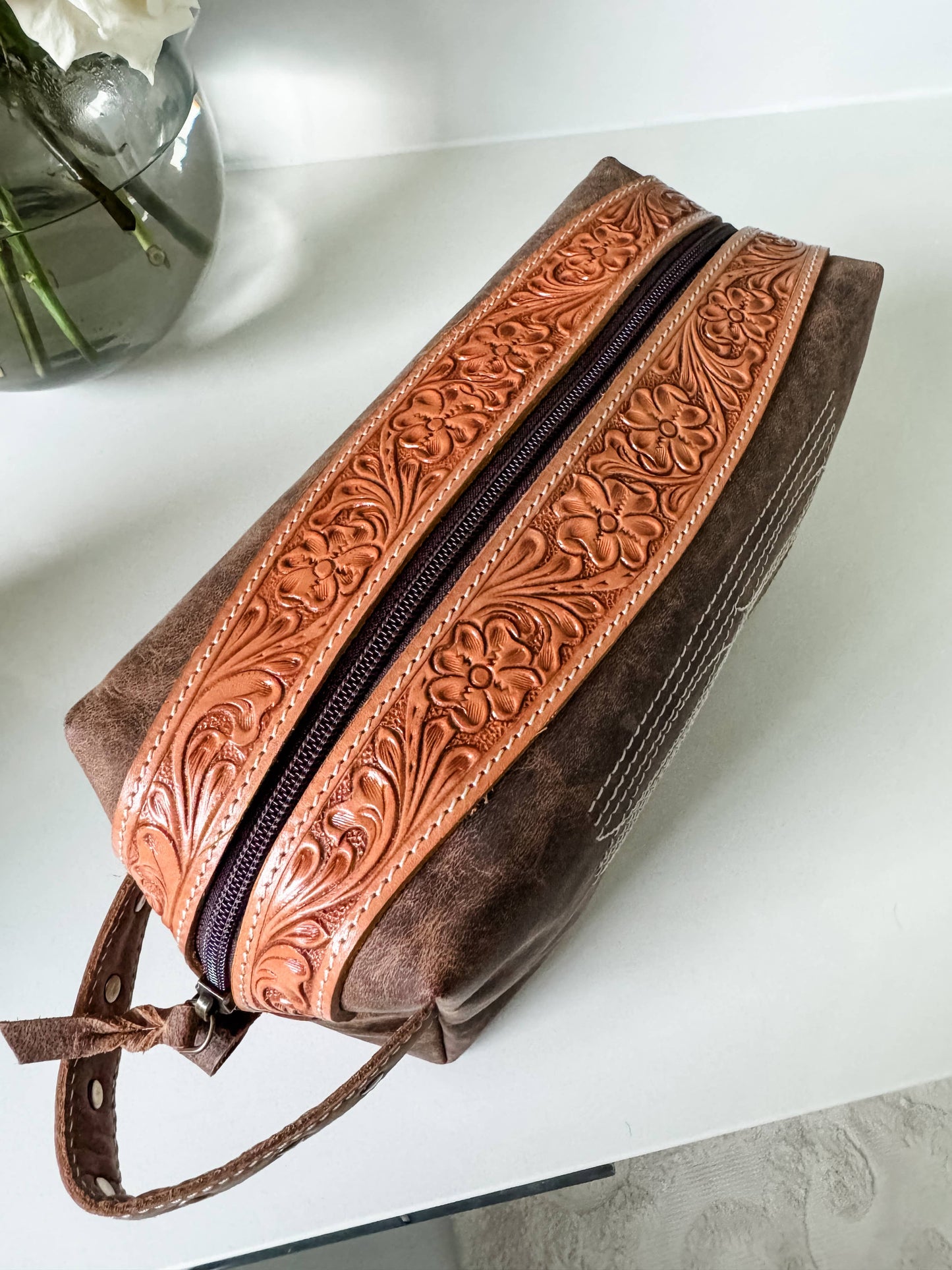 Boot Stitch Handtooled  Leather Toiletry Makeup Shaving Bag