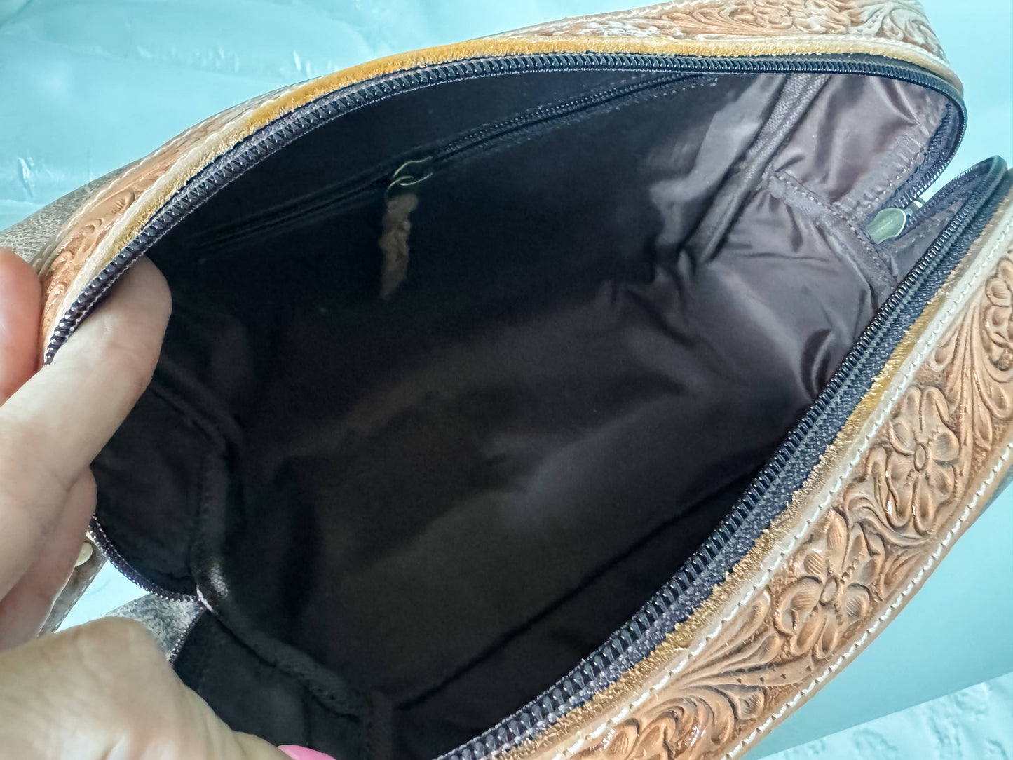 Boot Stitch Handtooled  Leather Toiletry Makeup Shaving Bag