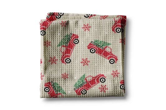 Christmas Red Truck Kitchen Tea Towel Waffle Holiday Farm