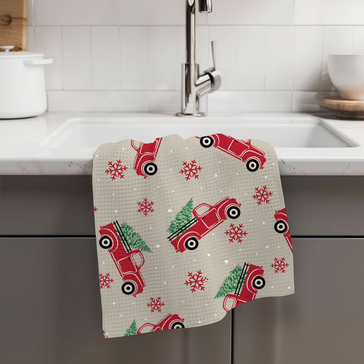 Christmas Red Truck Kitchen Tea Towel Waffle Holiday Farm