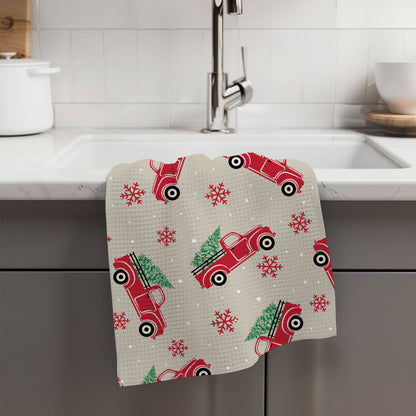 Christmas Red Truck Kitchen Tea Towel Waffle Holiday Farm