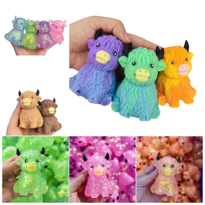 Highland Cow Squishy Toy Tie Dye Glitter Solid Color Slow Rising Stress Relief Squeeze Toy