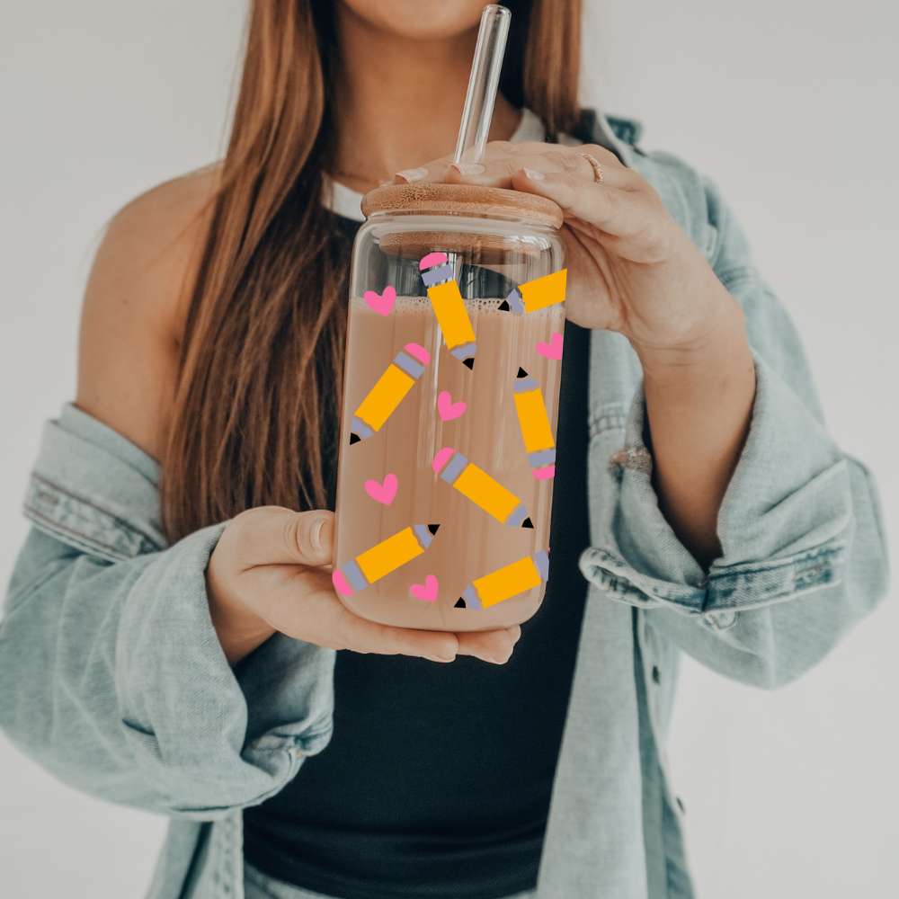 Teacher Pencil | UVDTF | 20 oz Libbey Can Glass with Bamboo Lid & Straw