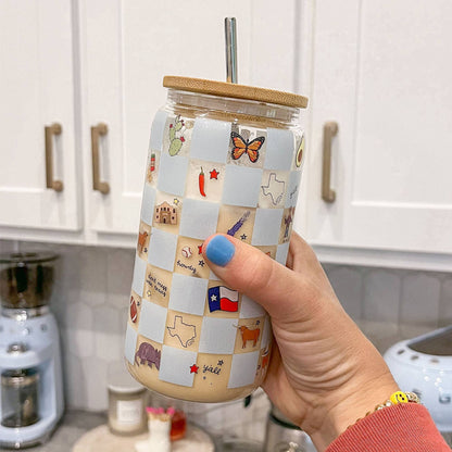 Texas Western Checkerboard Icons Glass Can