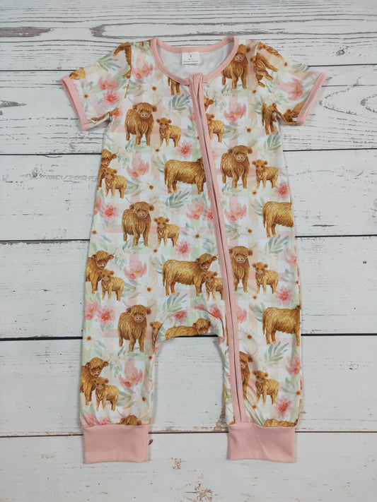 Cow Printed Baby Girl Zip Romper