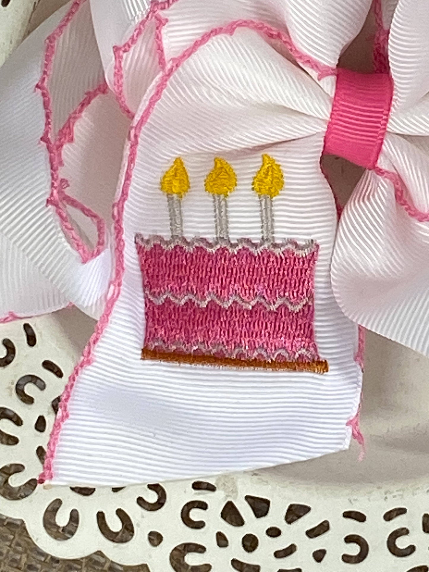 Birthday Cake Embroidered Moonstitch Hair Bow