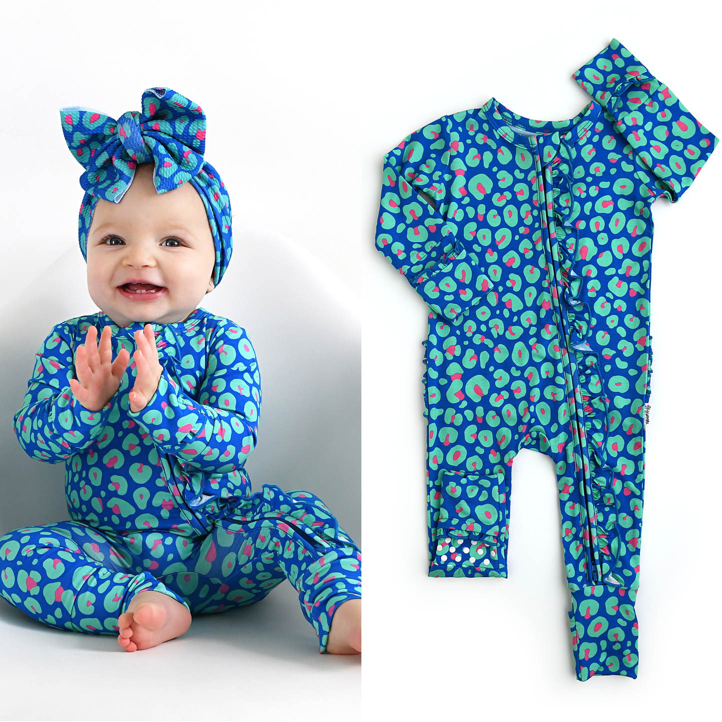 Miley Leopard Ruffle Zip Bamboo Baby Sleepies Little