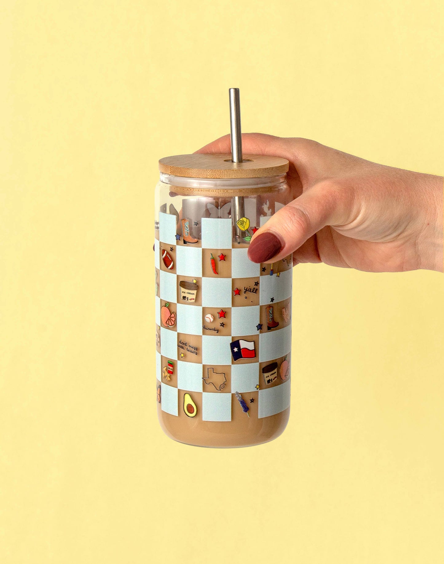 Texas Western Checkerboard Icons Glass Can