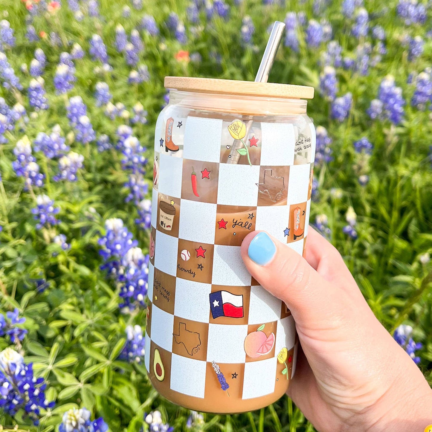 Texas Western Checkerboard Icons Glass Can