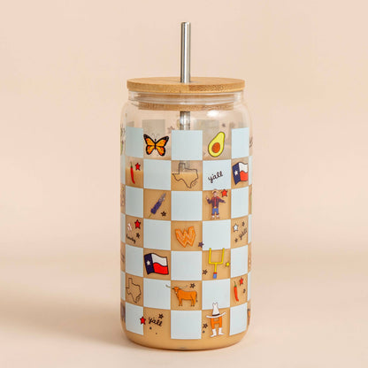 Texas Western Checkerboard Icons Glass Can