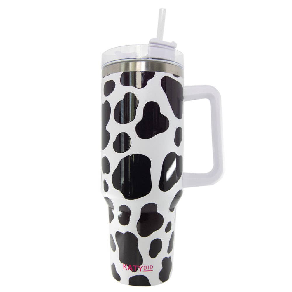 Black/White Cow Print Tumbler Cup with Handle