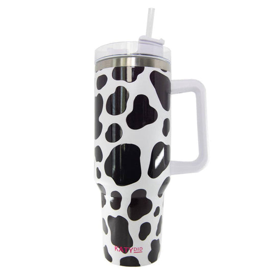 Black/White Cow Print Tumbler Cup with Handle