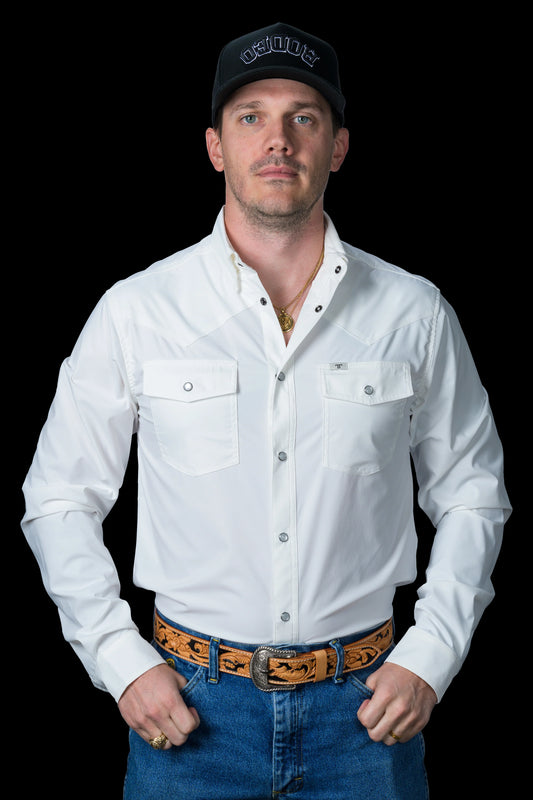 Men's White Long Sleeve Snap Shirt